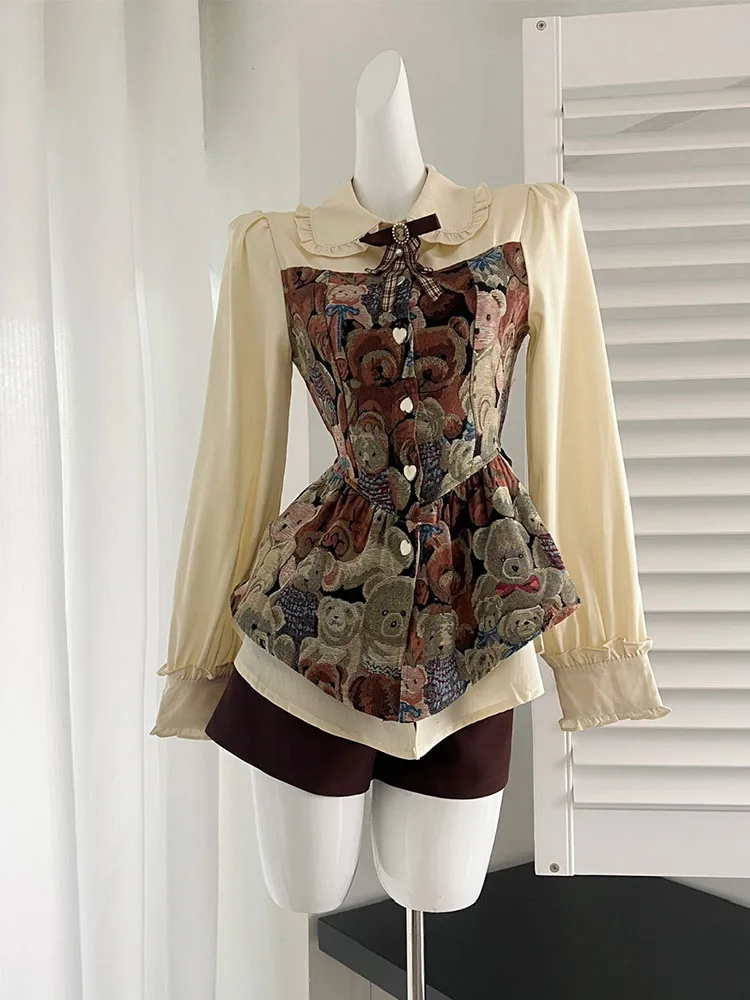 Блузка и шорты в американском стиле с принтом медведя эластичным поясом