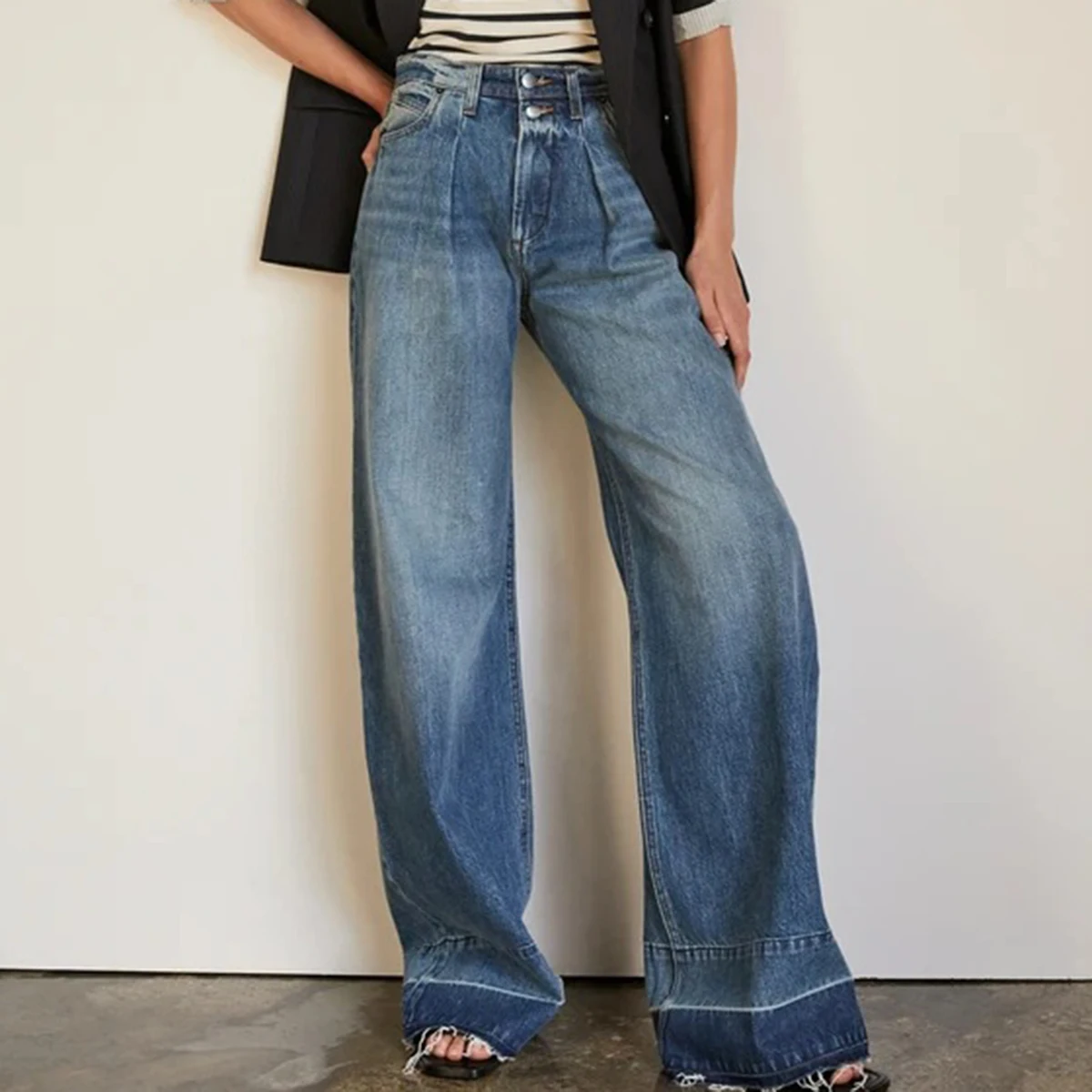 Jyate Women Jeans High Waist Wide Leg Denim Double Buttons Patchwork Vintage Jean 2022 Fashion Rough Edge Oversized Street Pants