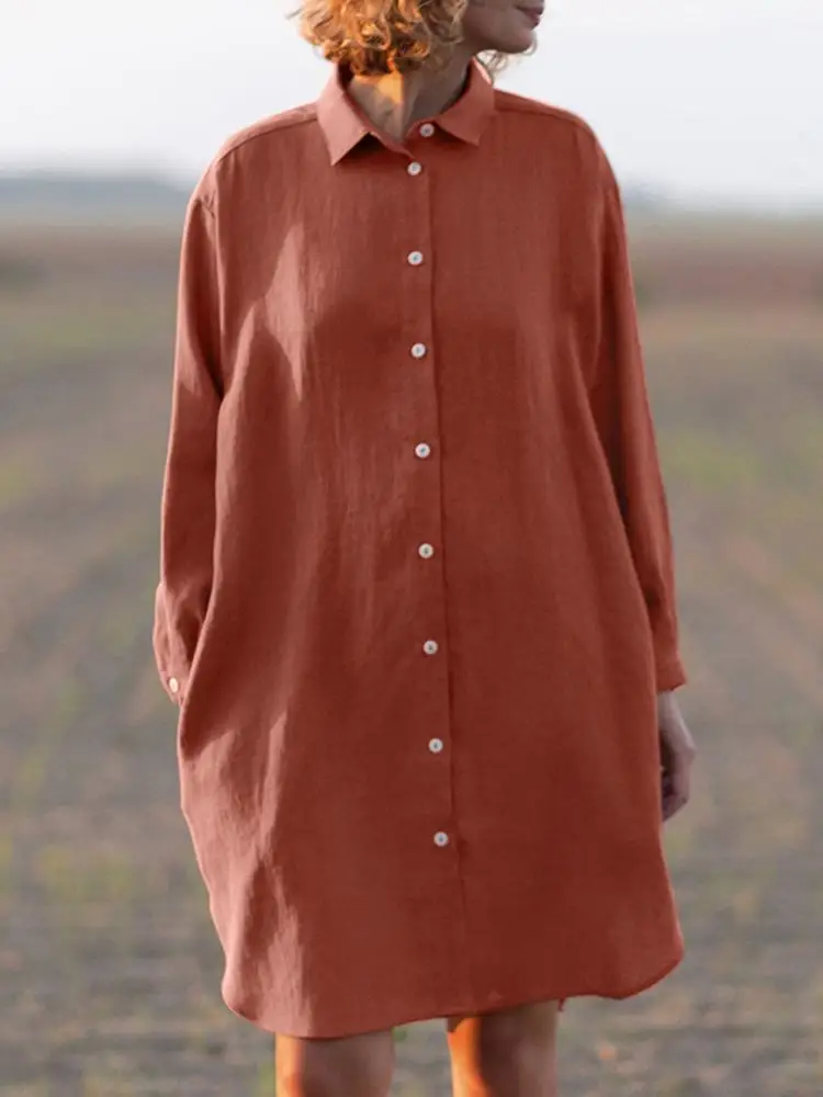 

Осенние платья с отложным воротником и длинным рукавом ZANZEA элегантное женское платье-рубашка Повседневный Однотонный сарафан стильные пуг...