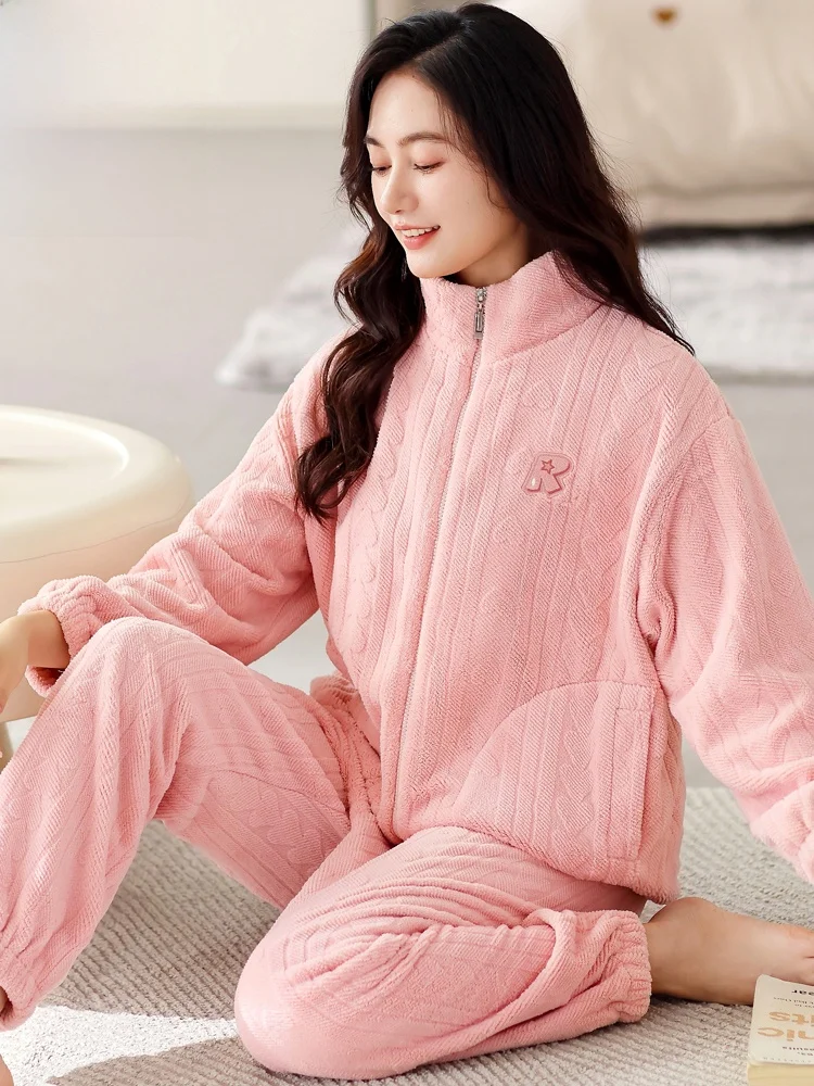 Langsha пижамы из кораллового флиса женские осенне-зимние утолщенные фланелевые на