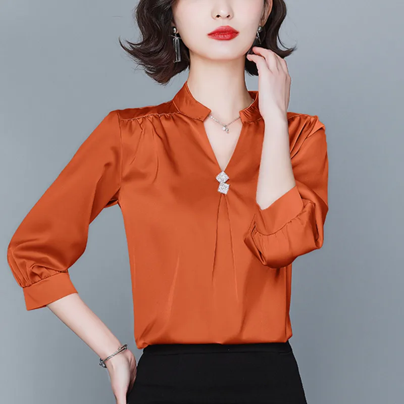 

2022 Summer Fashion Satin Women's Blouse Three-quarter Sleeve V-neck Solid Button Straight Ladies Top OL Womens Tops and Blouses