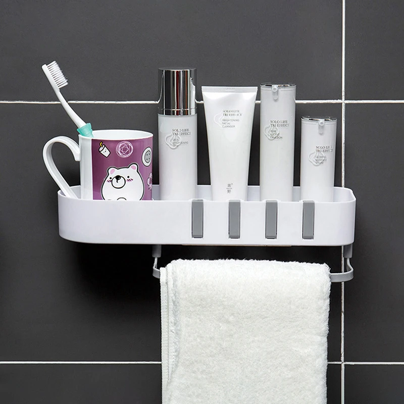 

Wall-mounted Bathroom Shelf with Hook Storage Organizer for Kitchen Plastic Container Rack Accessories Shower Organizer