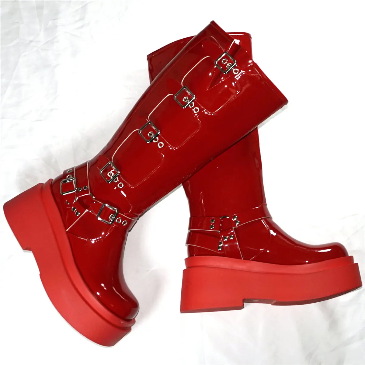 Winter Fashion Sneakers Women Red Patent Leather Wedges Knee High Boots Female Round Toe Thigh High Platform Pumps Casual Shoes