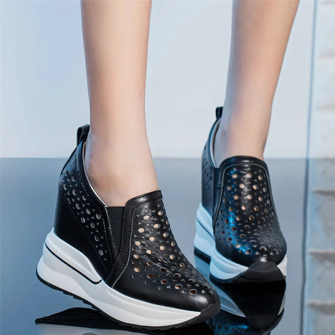 12cm High Heels Platform Shoes Women Hollow Genuine Leather Wedges Pumps Female Summer Round Toe Fashion Sneakers Casual Shoes