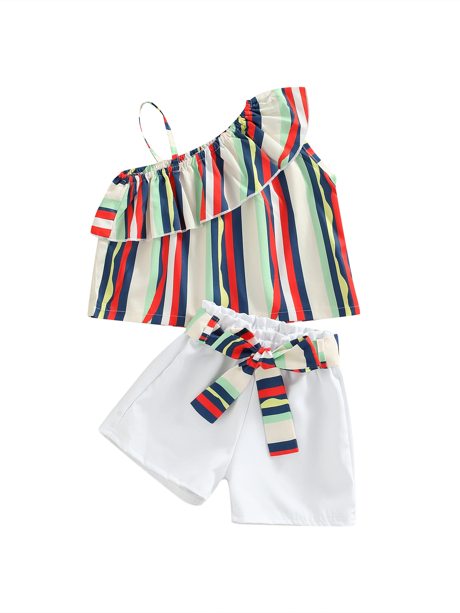 

Летние Короткие комплекты для маленьких девочек, полосатые топы с открытыми плечами и оборками и шорты, комплект одежды