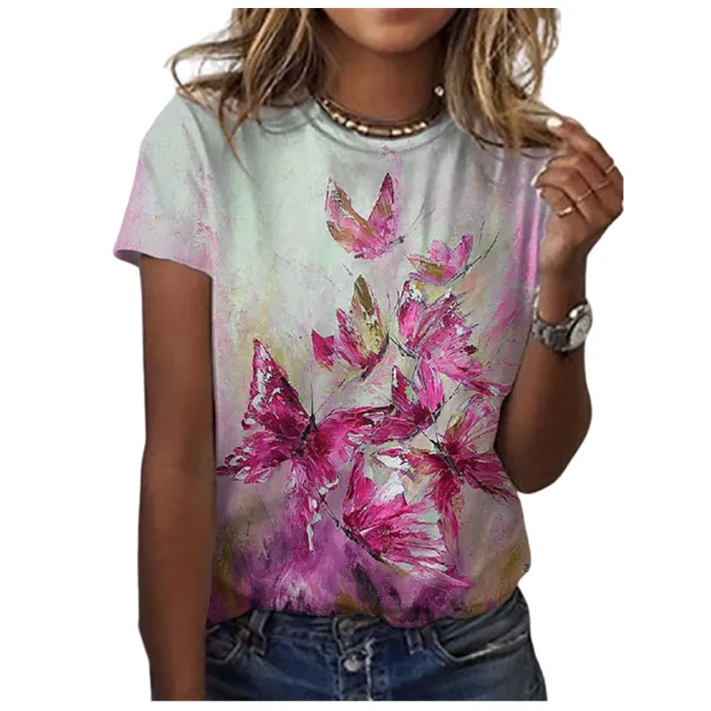 

2022 summer women's clothing butterfly print T-shirt regular Short Sleeve T-Shirt Top Casual round neck women's T-shirt 6xl