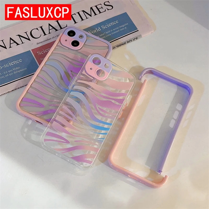 

Bumper Phone Case for iPhone 13 12 Pro Max 11 XR XS X 2 in 1 Fashion Gradient Camouflage Zebra Pattern Shockproof Cover for Girl