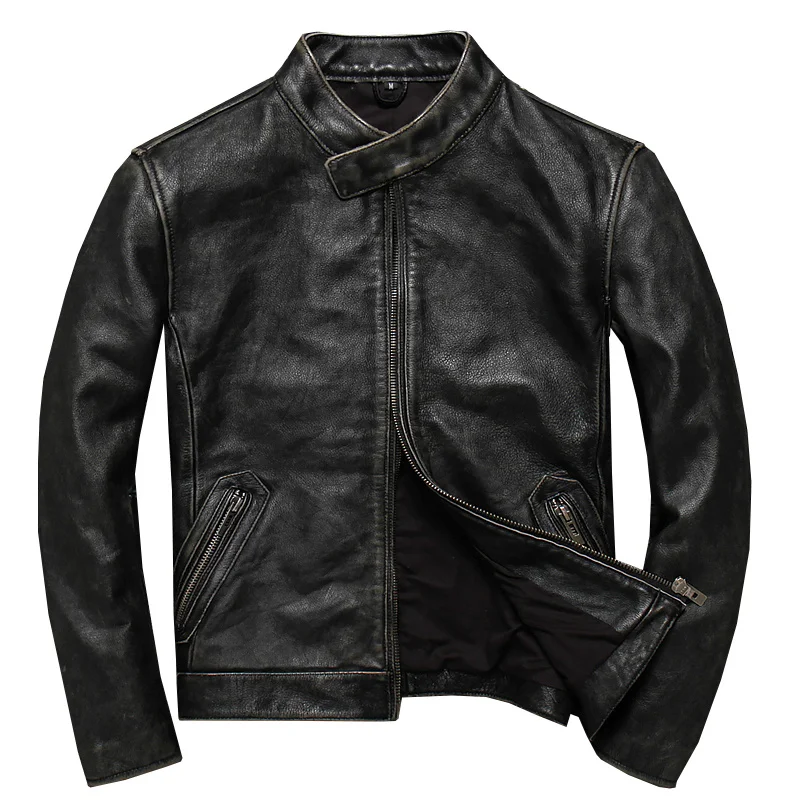 

Куртка мужская короткая из натуральной воловьей кожи, винтажный пиджак Slim из воловьей кожи с воротником-стойкой, Байкерский стиль, весна-ос...