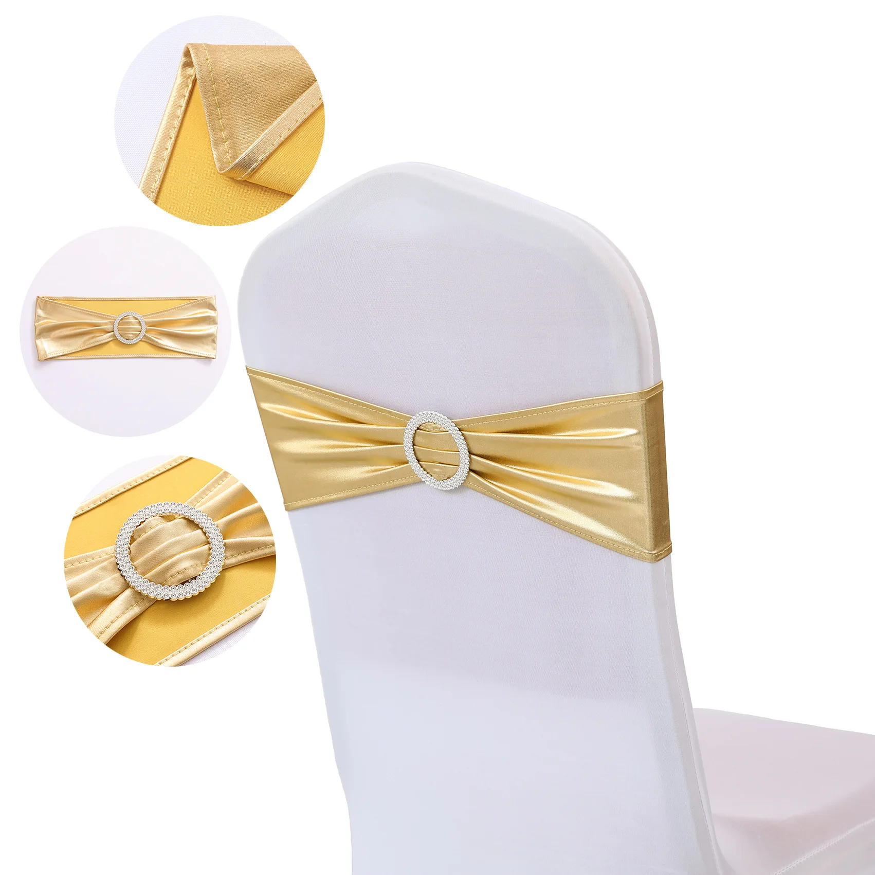 10pcs/50pcs Metallic Gold Silver Stretch Spandex Chair Bow Sash Band With Round Buckle For Banquet Event Wedding Chair Sash Tie