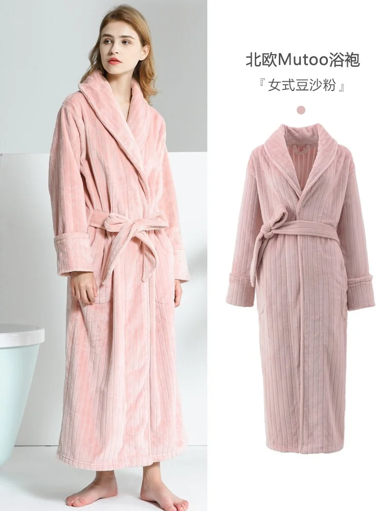 

Women's Nightgown Winter Coral Fleece Bathrobe Couple Fleece-Lined Thickened Extended Flannel Pajamas Men's Autumn and Winter