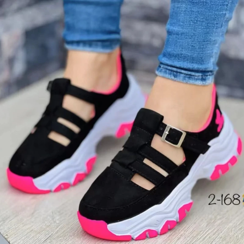 

2023 New Women Vulcanized Shoes Fashion Breathable Hollow Buckle Strap Chunky Sneakers Casual Comfort Mesh Running Zapatos Mujer