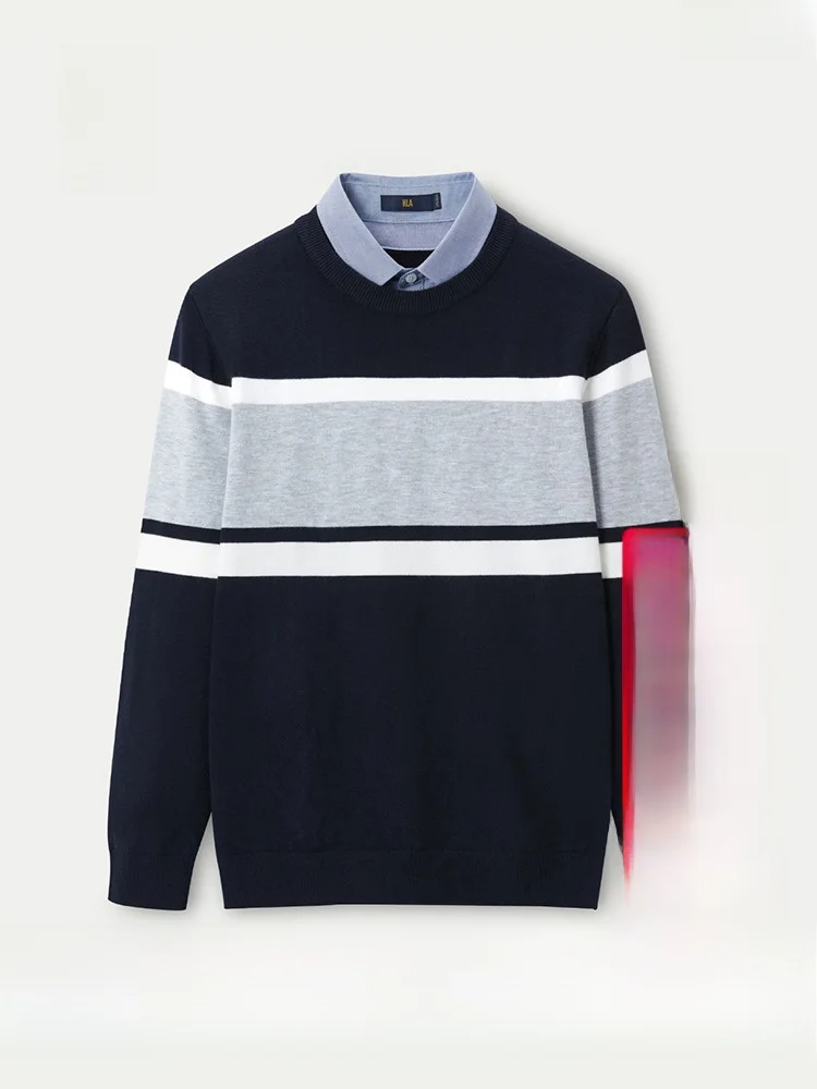 Hla/Hailan Home Double Collar Knit Men's Fake Two-Piece Pullover Slim fit Contrast Color Mosaic Sweater Men
