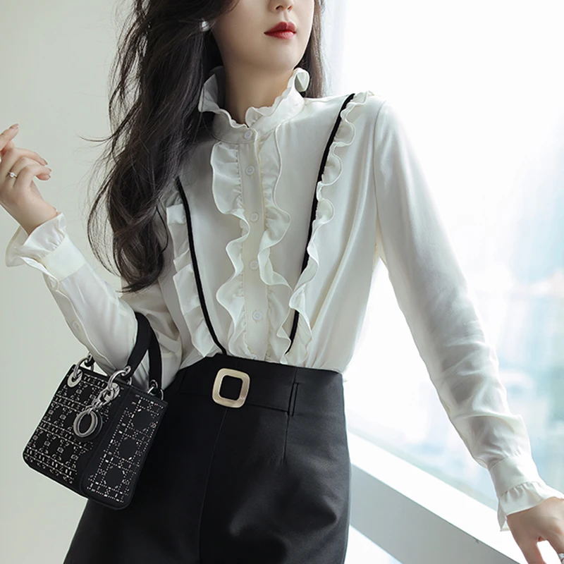 

Шелковая белая рубашка для женщин, Новинка лета 2022, блузки с оборками, Модные свободные топы с длинным рукавом, повседневная одежда в Корейс...