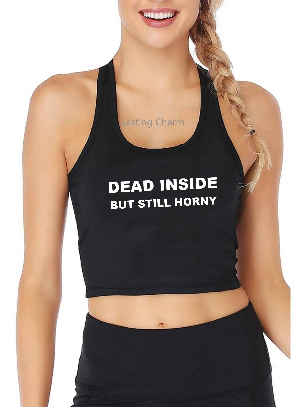 

Dead Inside But Still Horny Print Crop Tank Adult Humor Fun Flirty Print Yoga Sports Workout Crop Top Women's Gym Tops