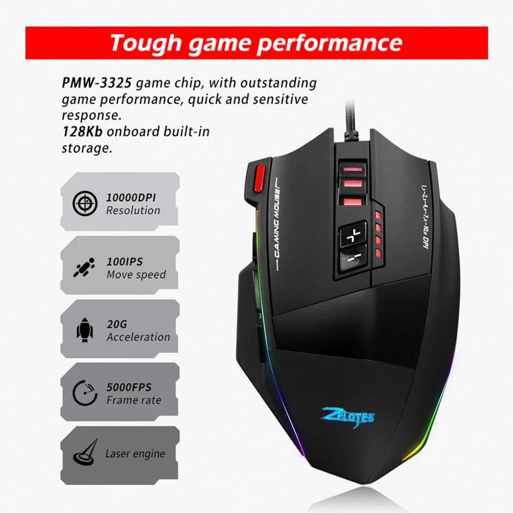 

Проводная USB оптическая игровая мышь ZELOTES C-13 13 кнопок 5 уровней 10000DPI RGB