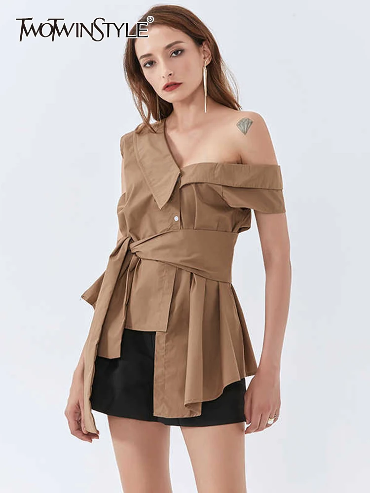 

Twotwin2 Стильная однотонная летняя рубашка для женщин с отворотным воротником без рукавов с поясом, повседневные блузки, женская одежда, модна...