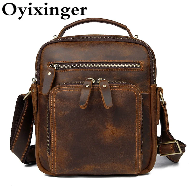 Oyixinger Vintage Crossbody Bag Crazy Horse Men Messenger Bags Genuine Leather Casual Travel Handbag Business Male Shoulder Bag