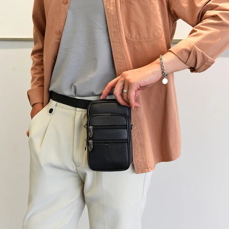 Real Cowhide Mobile Phone Bag Men's Waist Bag Multi Functional Casual Crossbody Small Bag Men's Waist Bag