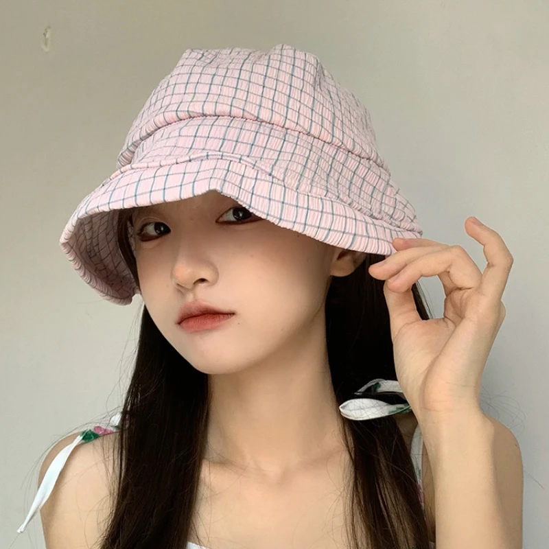 

New Japanese Plaid Bucket Hat Summer Sunshade Anti-ultraviolet Big Brim Sunscreen Fisherman Cap Designer Women's Hats Gorras