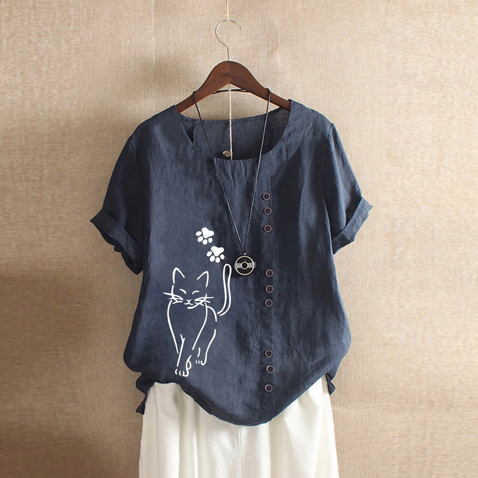 

Women's Print Tshirt Short Sleeve Casual Summer Rolled Sleeves Plain Round Small N Collared White Shirts for Women