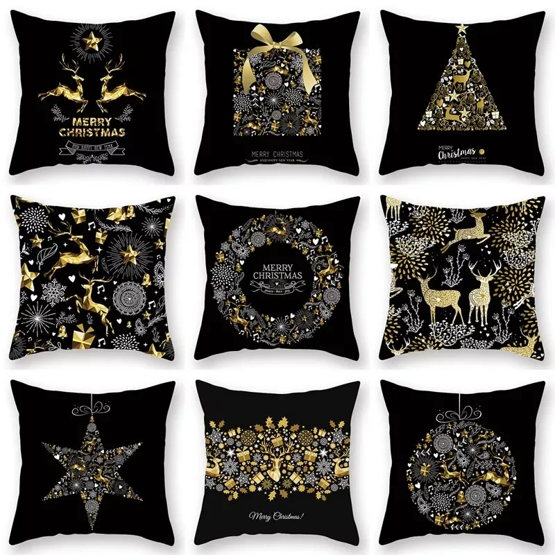 

Christmas Black Gold Cushion Cover Merry Christmas Decorations for Home Cristmas Ornaments Natal Navidad Gift New Year 2021