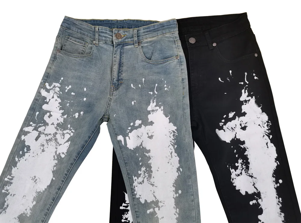 Retro Black Print Elastic Men'S Jeans Size 28-36 Slim Fit Pants Fashion High Street Wear Black Jogger Pencil Jeans For Men