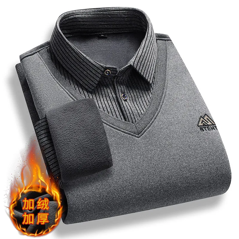 Мужской трикотажный свитер в полоску с флисовой подкладкой размеры до 4XL