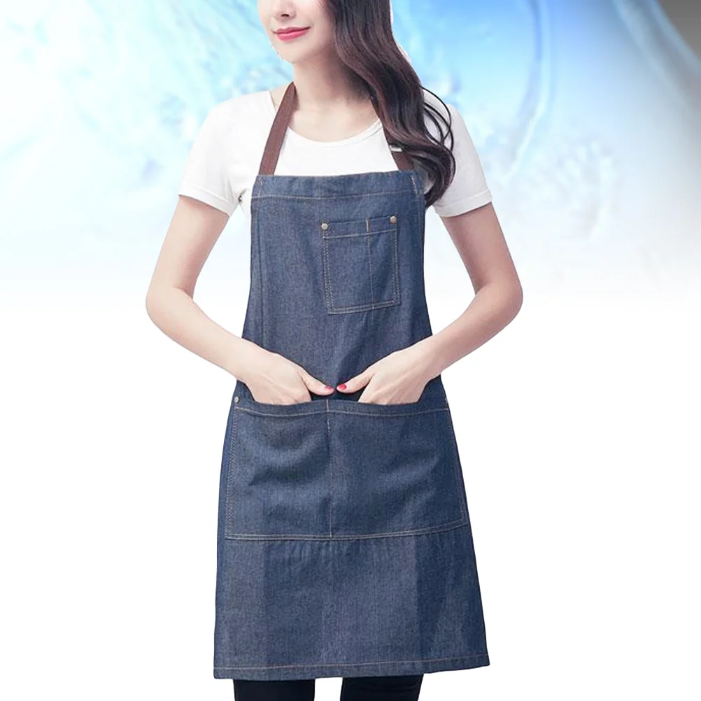 

1PC Work Apron Adjustable Professional Multi-Pocket Denim Apron Sarong Pinafore for Supermarket Coffee