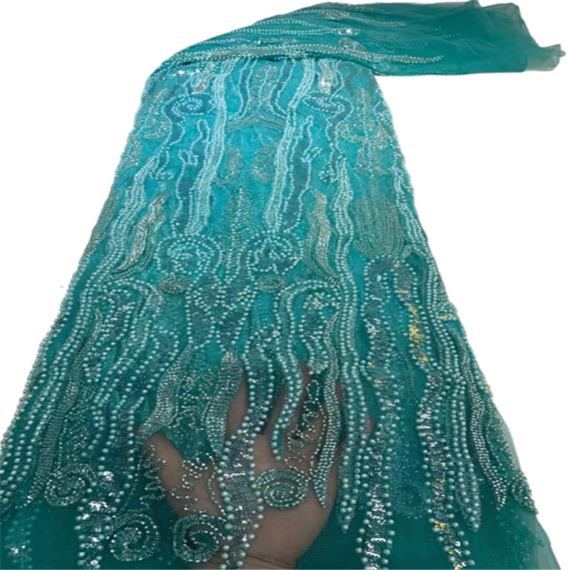 

Высококачественная вышитая вручную Вышивка Тюль кружевная ткань оранжевый Африканский Кристалл кружевная ткань с жемчугом для невесты FZ588