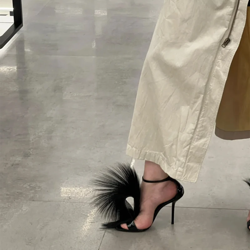 

Сандалии женские на высоком каблуке, пикантные босоножки из натурального меха норки, туфли с квадратным носком, обувь для вечерние, цвет черный, кожа