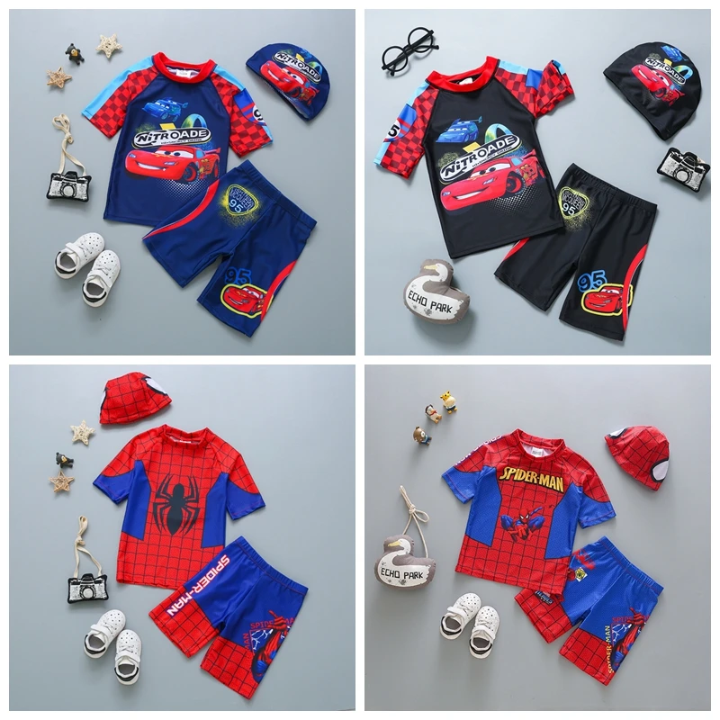 Baby Boys Swimwear Spiderman Lightning McQueen Cars Print 3 Pcs Set Float Bathing Children Surfing Suit Kid Cartoon Beach Wear