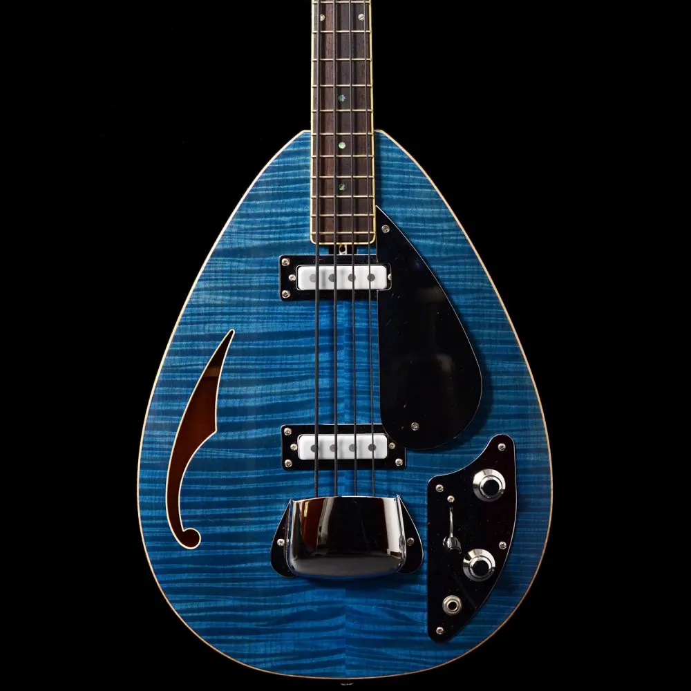 

Rare 4 Strings Trans Blue Flame Maple Top Tear Drop Vox Plantom Electric Bass Guitar Semi Hollow Body, Single F hole,