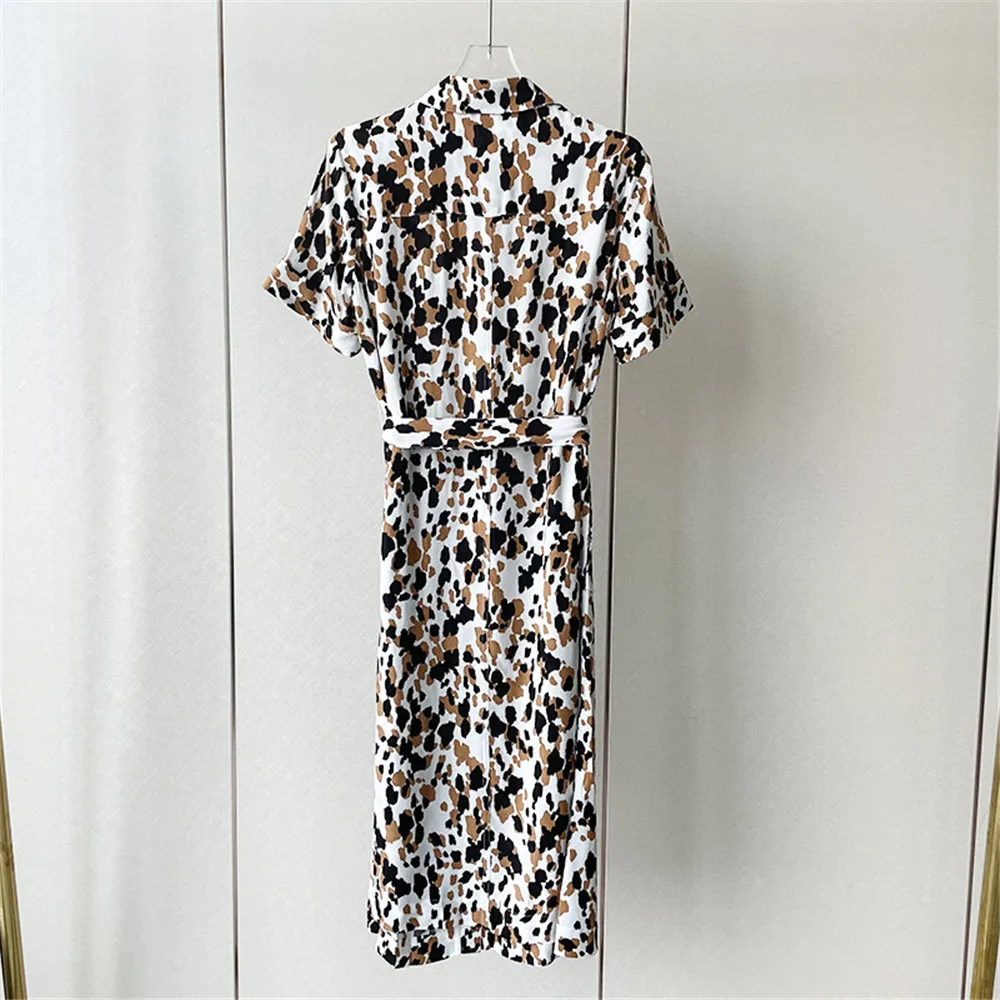 

Women Leopard Print Midi Shirt Dress 2022 new Short-sleeved Turn-down Collar Covered Buttons Female Lace-up Robe