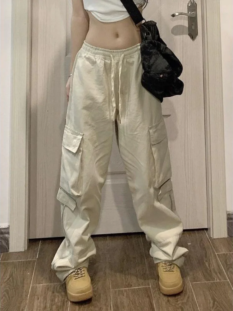 

Бежевые объемные бриджи в японском стиле Harajuku, модная уличная одежда в стиле хип-хоп, брюки на молнии, женские повседневные брюки оверсайз