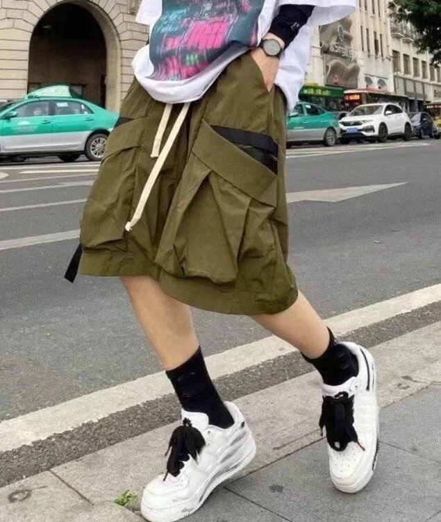 Overalls Shorts Men's Summer Youth Color-Blocking Shorts Loose Casual Army Green Outer Wear Five-Point Pants