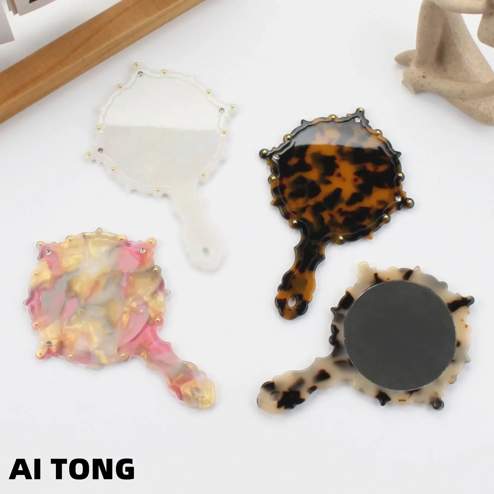 1 шт. портативное зеркало с ручкой и нежным ацетатным узором для макияжа