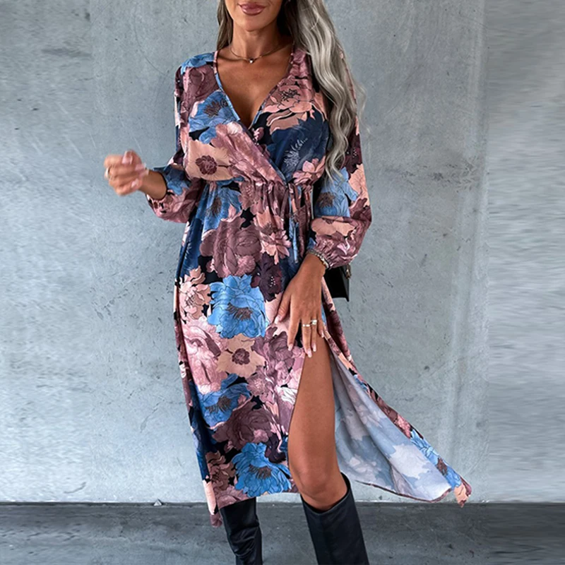 

2023 Vintage Printed Long Sleeve A-line Dress Sexy Ladies V-neck Pleated Split Dress Elegant Waist Office Party Dress for Women