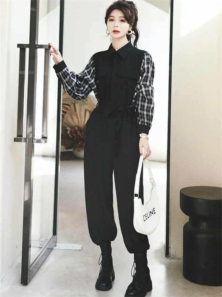 Women Fashion Splice Plaid Black One Piece Jumpsuit 2022 Spring Streetwear Loose Long Sleeve Wide Leg Harem Overalls Romper 8522 |