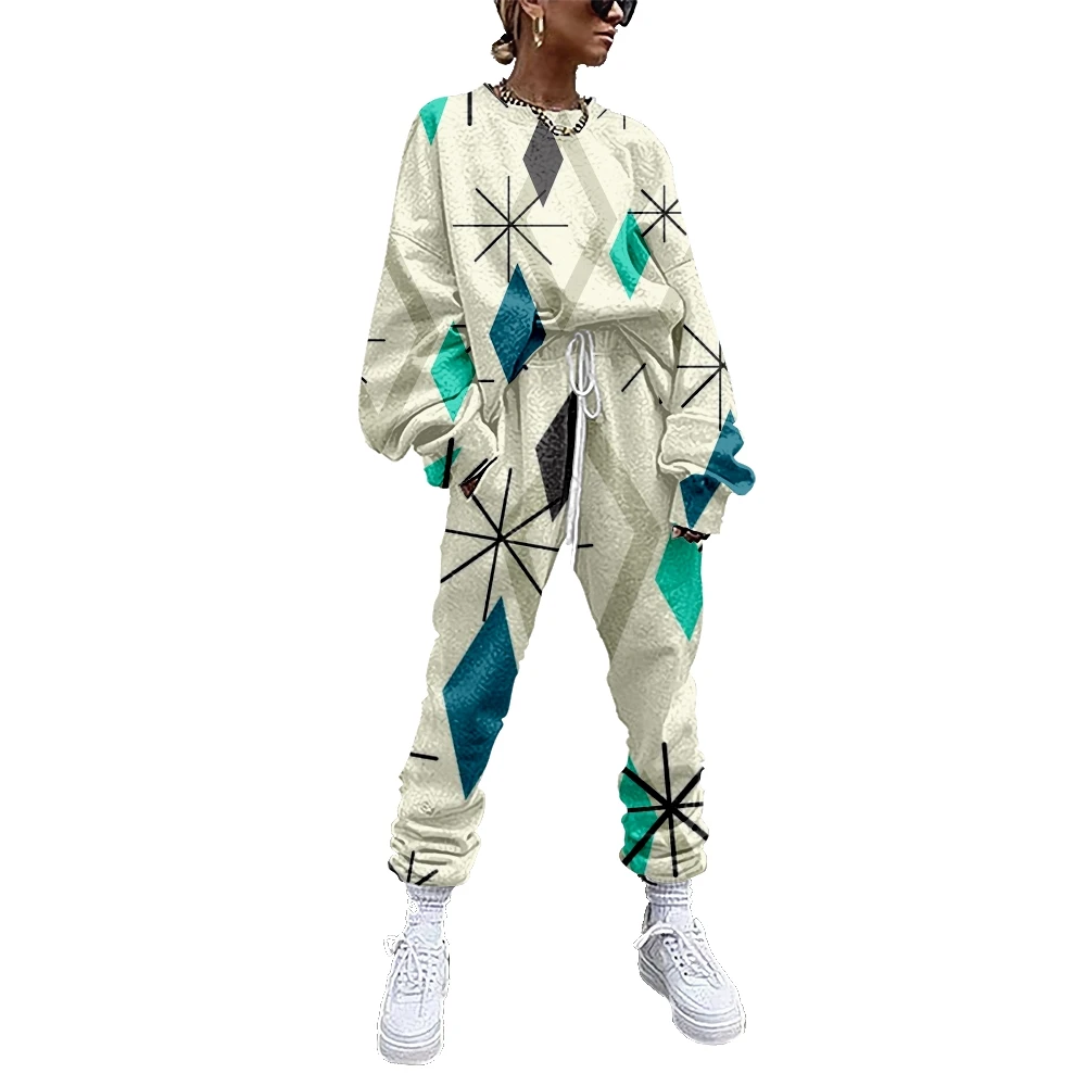 

Women's sportswear two-piece set, fashion leisure art diamond pattern sportswear casual woolen clothes women's sportswear