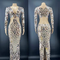 shining mirror sequins hollow out v neck sexy women split dress evening party club birthday clothing stage singer costumes