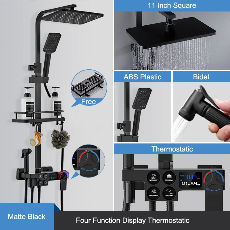 Black Display Thermostatic Shower Faucet Set Rainfall Bathtub Tap With Bathroom Shelf Water Flow Produces Power Generation