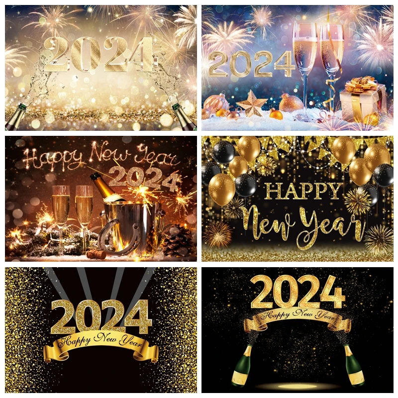 

2024 Happy New Year Backdrop Fireworks Bokeh Glass Champagne Background for Photography Photo Studio New Years Eve Banner