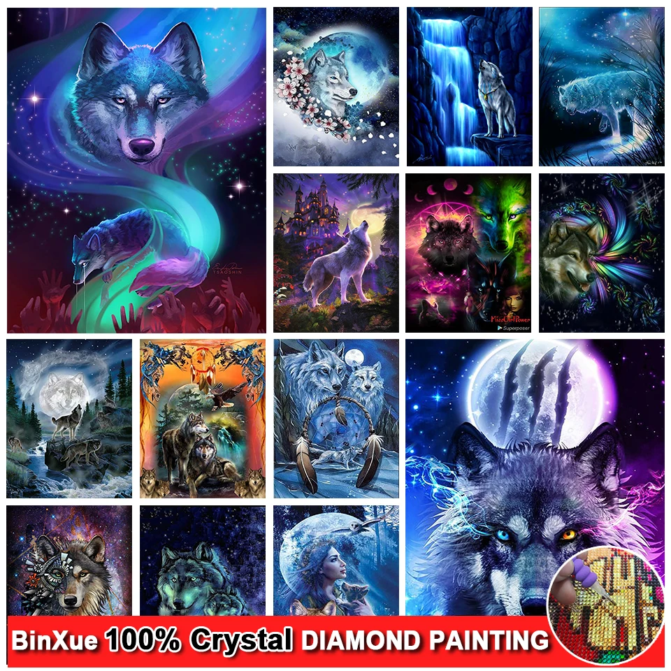 

BinXue Dream Moon Full 100% Square/Round Crystal Diamond Painting Wolf Cross Stitch Castle Waterfall Handmade DIY Mosaic Art