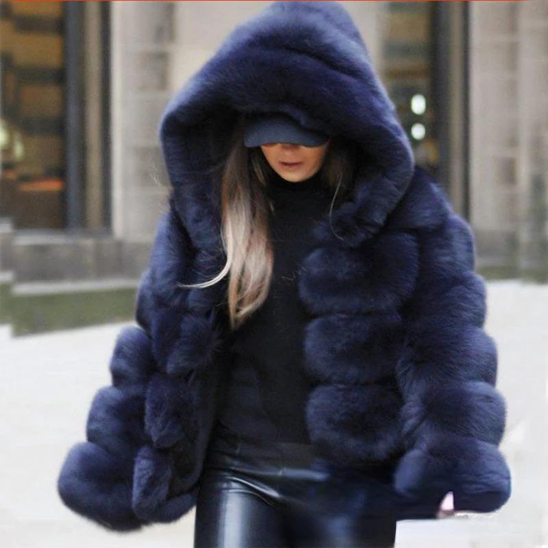 New Autumn Winter Fox Fur Splicing Hooded Women's Fur Coat Fashoin Faux Fur Coat Abrigos Mujer Invierno 2022