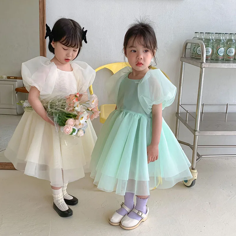 

2022 летнее милое Сетчатое платье MILANCEL с пышными рукавами для девочек, новое однотонное платье принцессы