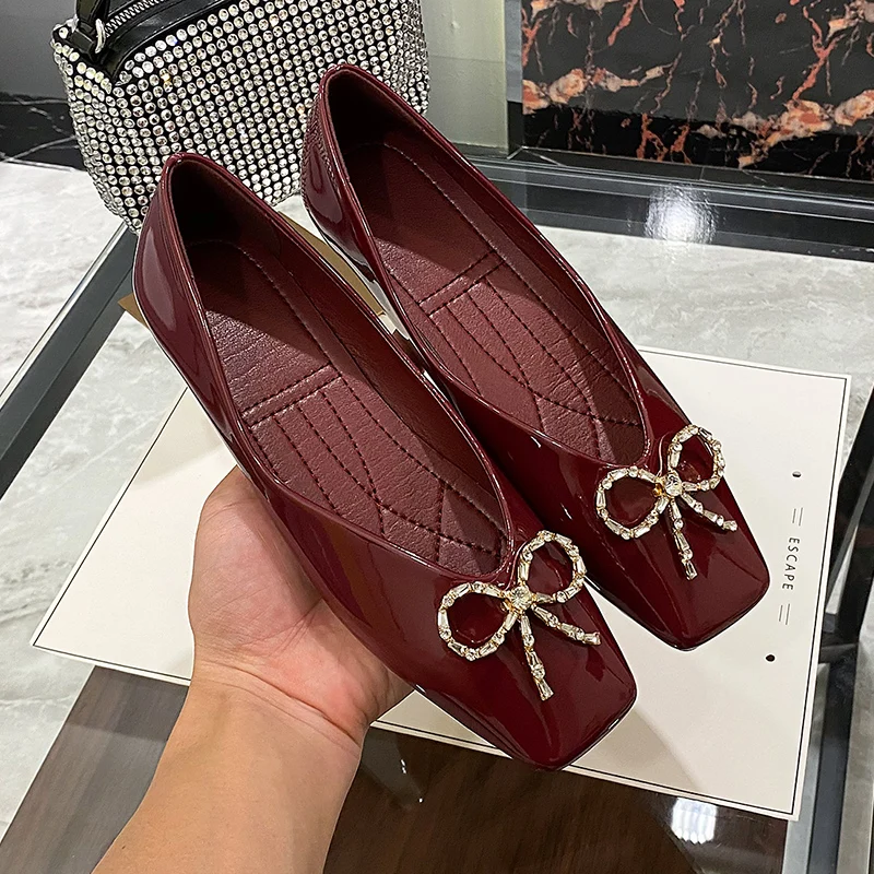 High Quality Size 35-44 Square Toe With Rhinestone Bow Woman New Arrivals Slip On Flat Shoes Ladies