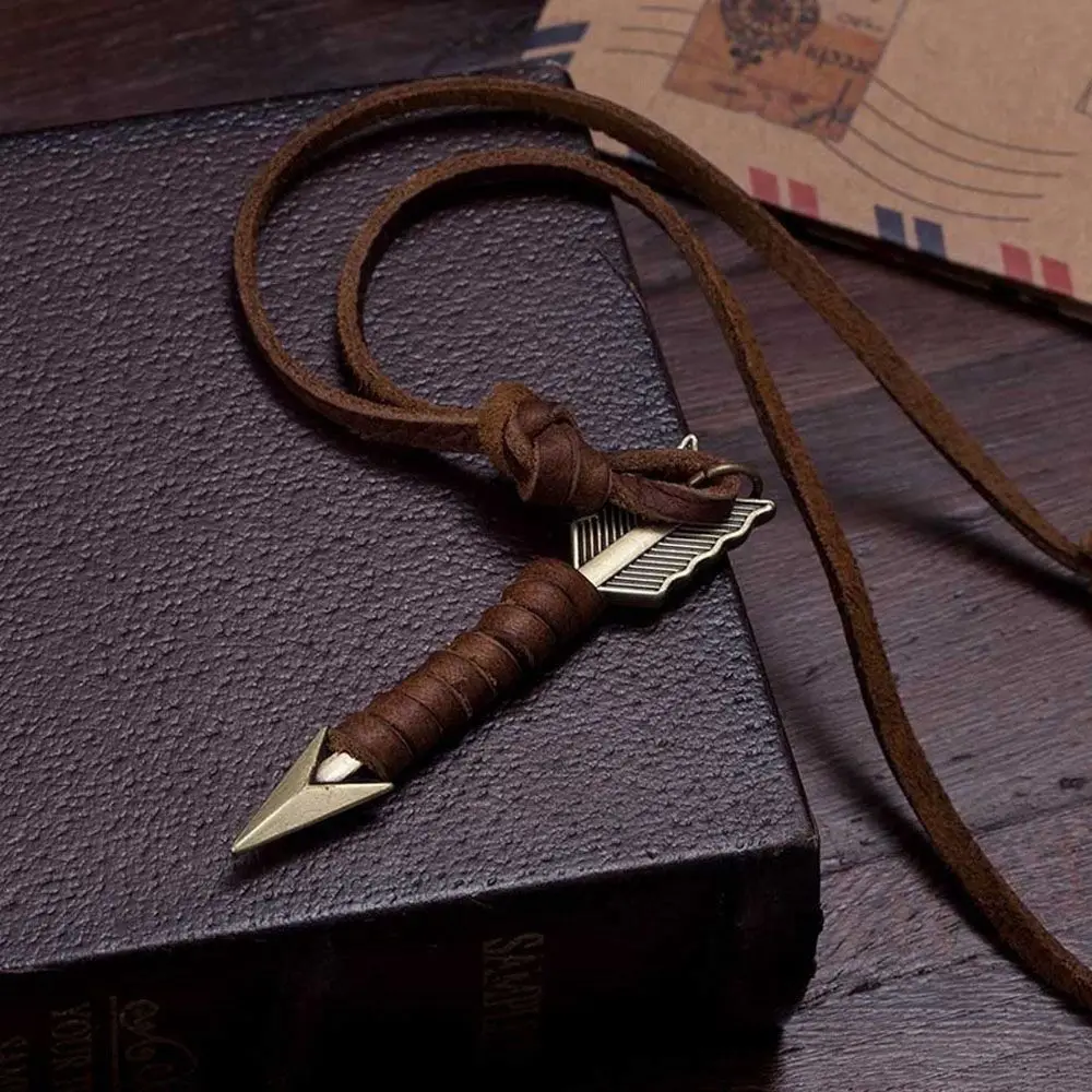 

Fashion Vintage Men Handmade Choker Arrow Pendant Leather Chain Necklace