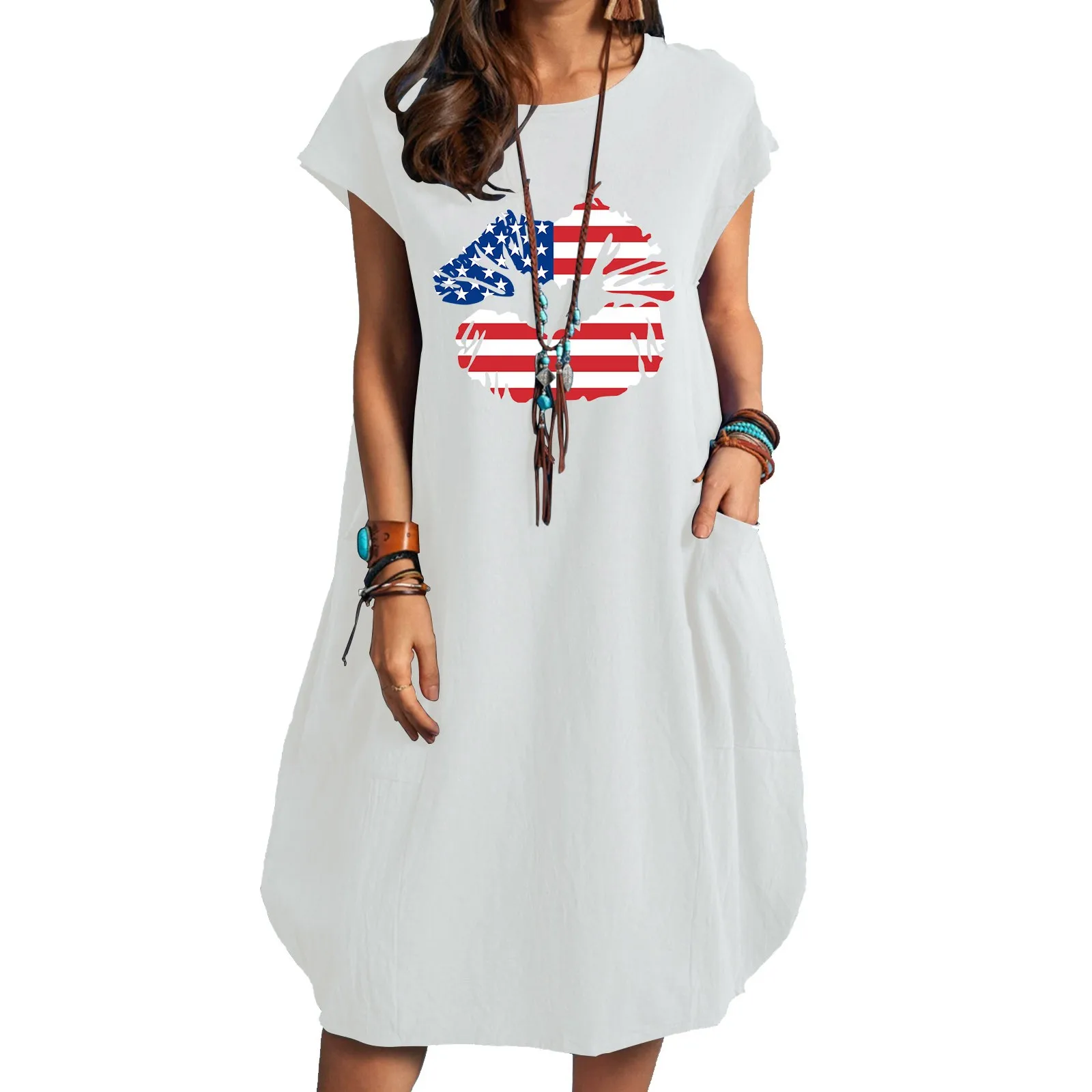

Summer Dresses for Work Ladies Printed Loose Short Sleeve Dress For Women Summer Round Neck Dresses With Pocket Dresses Summer