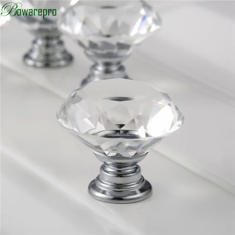

30mm Diamond Shaped Crystal Glass Door Drawer Wardrobe Pull Handle Glass Furniture Handle Kitchen Handles with 22/25/30mm Screws