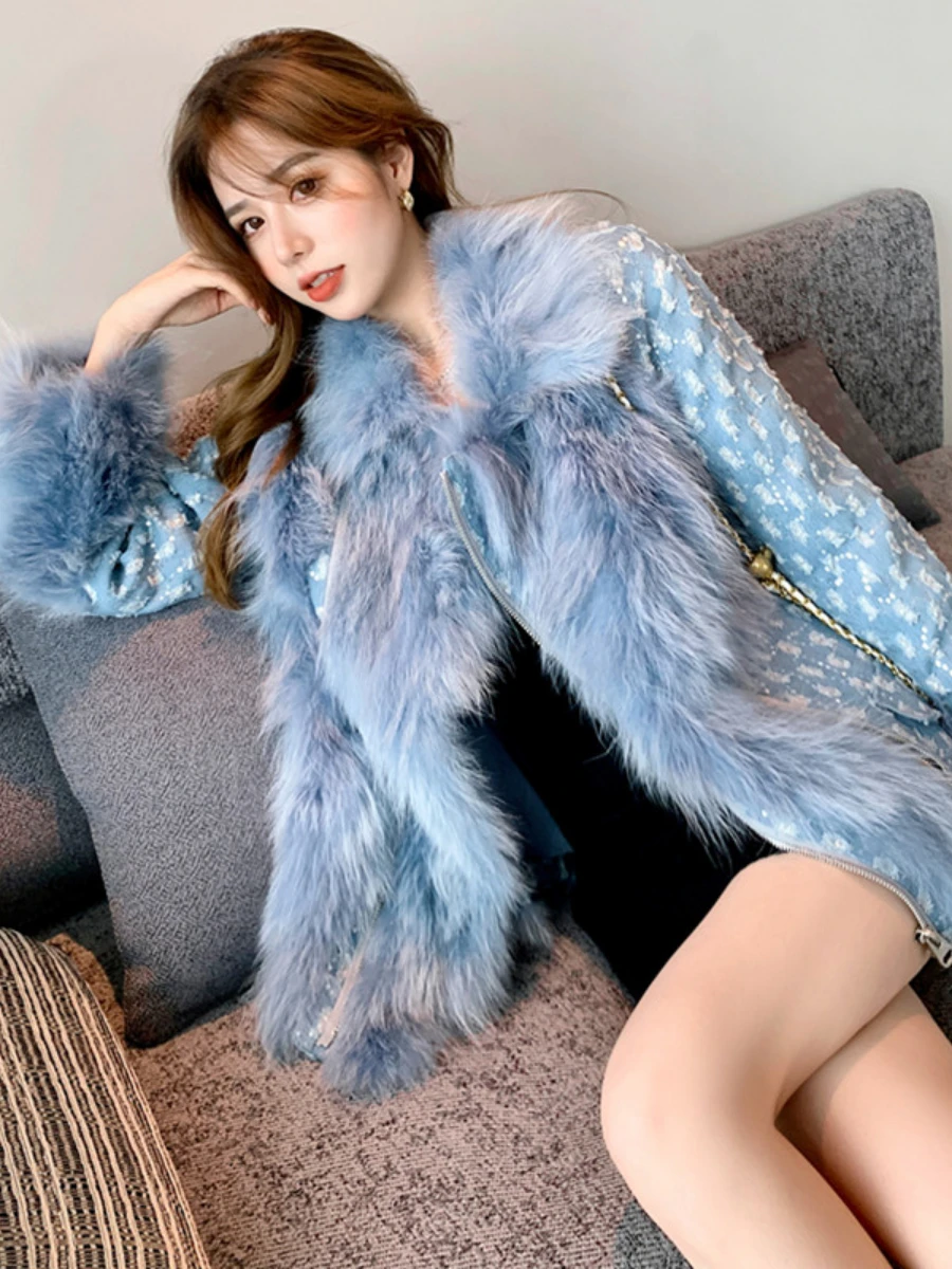2022 Winter New Faux Fox Fur Denim Splicing Coat Short Thick Warm Cotton-Padded Jacket Korean Style Slimming Fur Coat Parkas